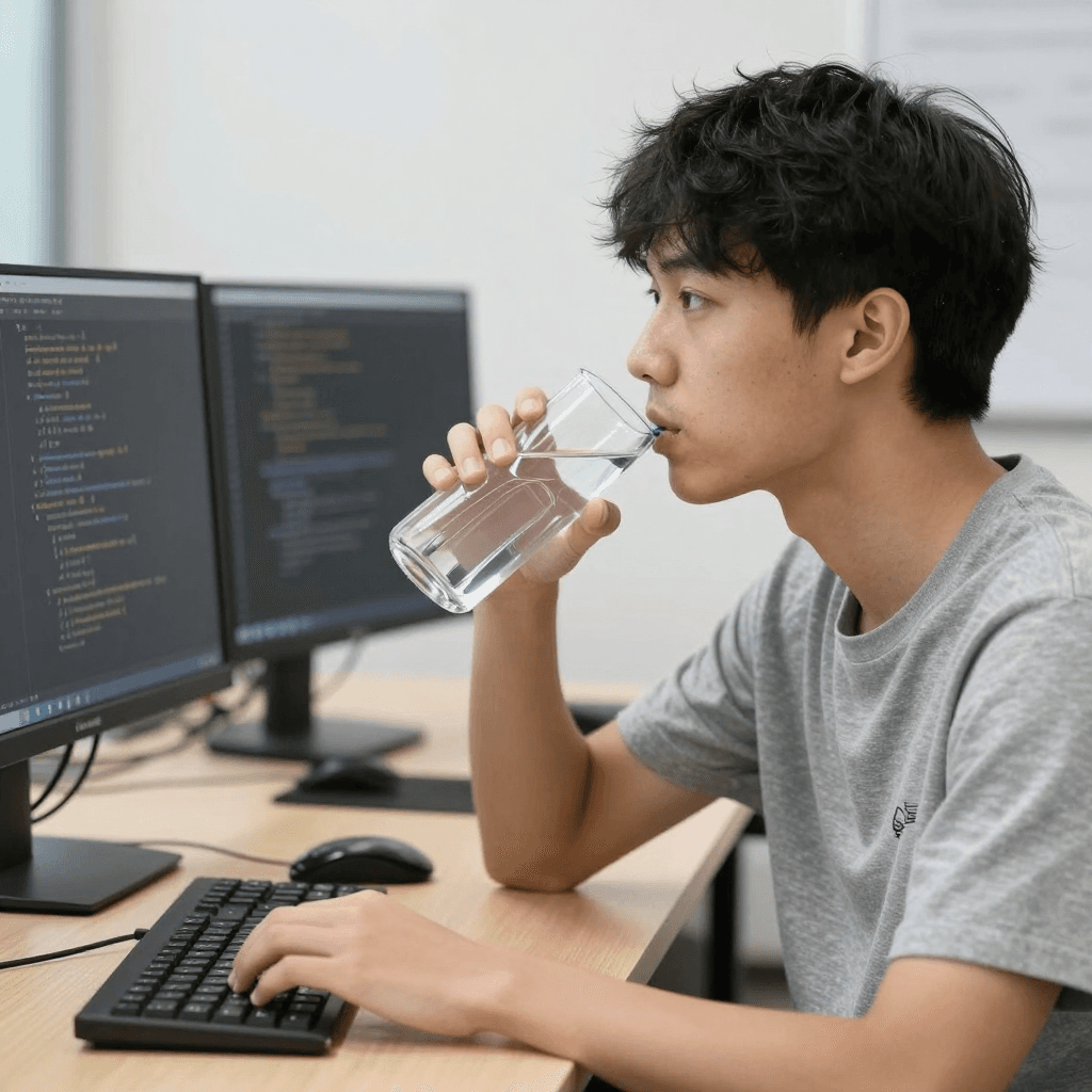 물을 마시며 코딩하는 대학생