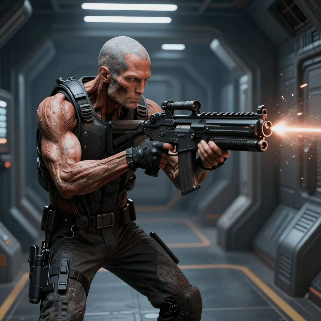 레이저 총격전이 벌어지는 우주 정거장 복도