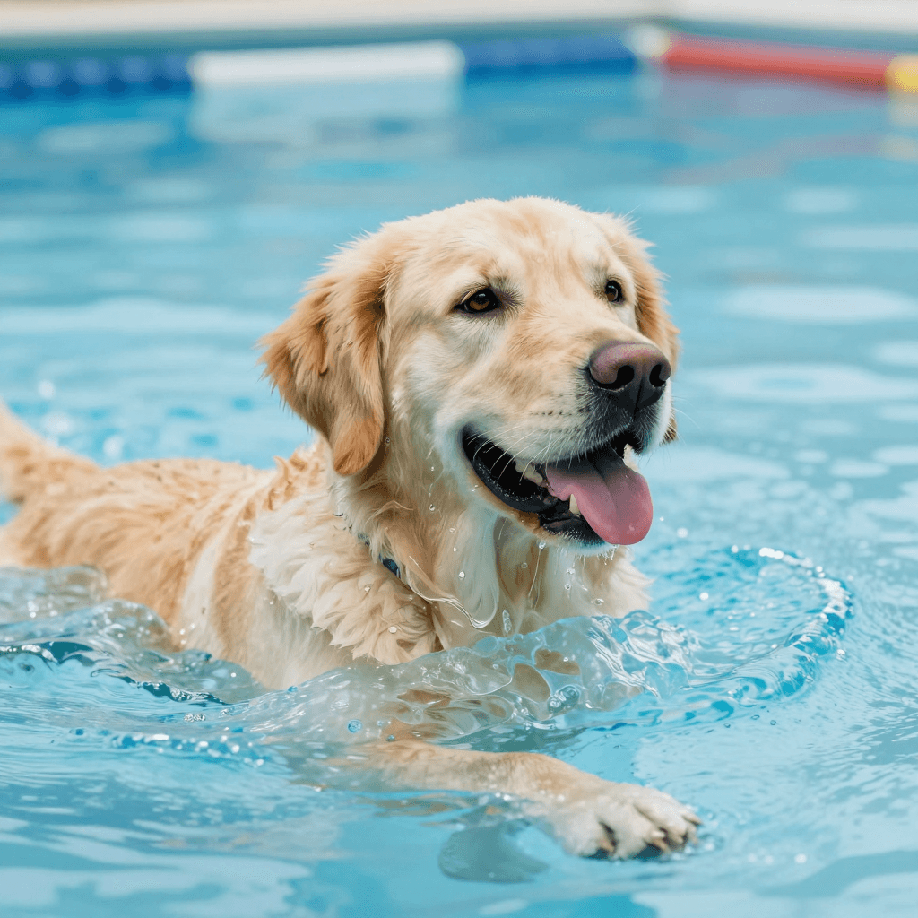 수영장에서 수영하는 골든 리트리버