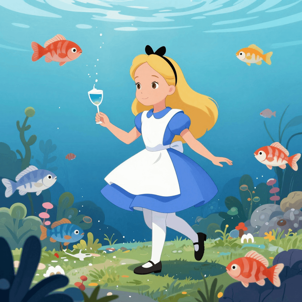 물고기들과 함께하는 앨리스 스타일의 수중 티타임