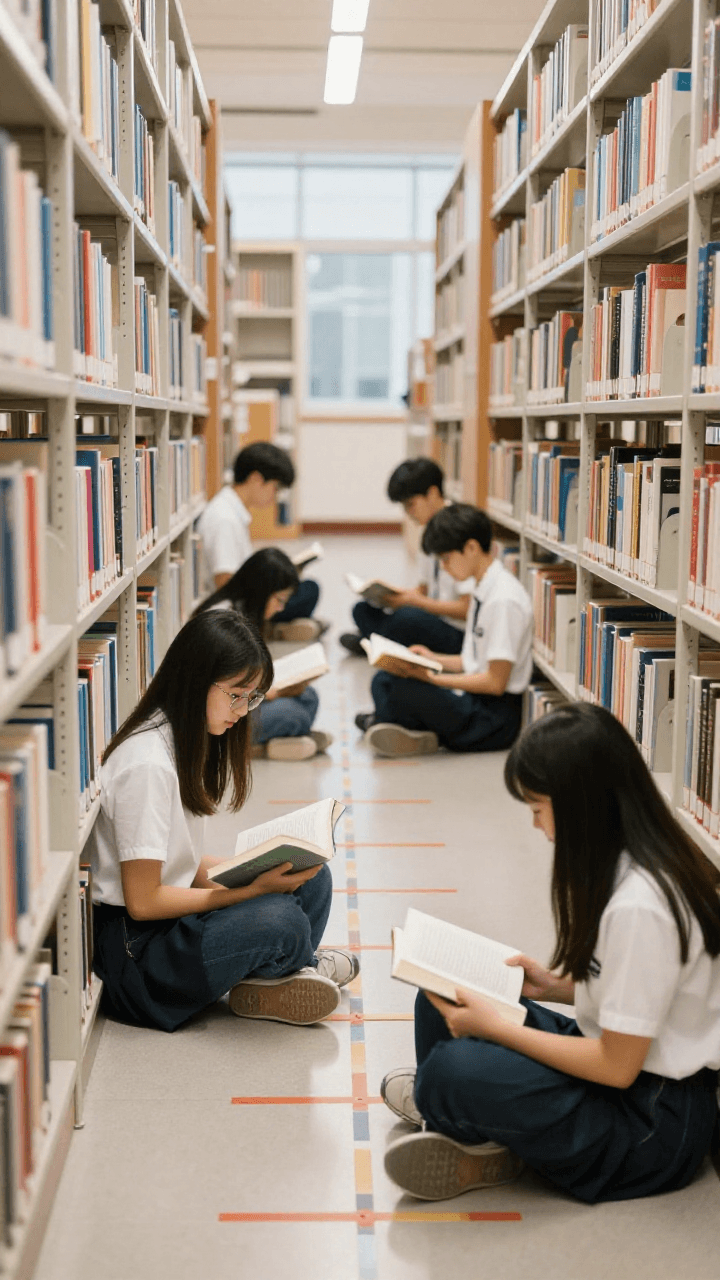 도서관 사다리에 앉아 책을 읽는 학생