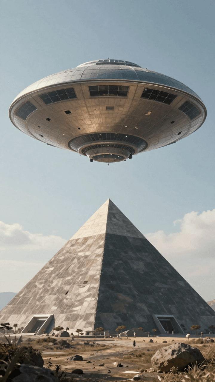 피라미드 위로 거대한 UFO가 떠 있는 풍경