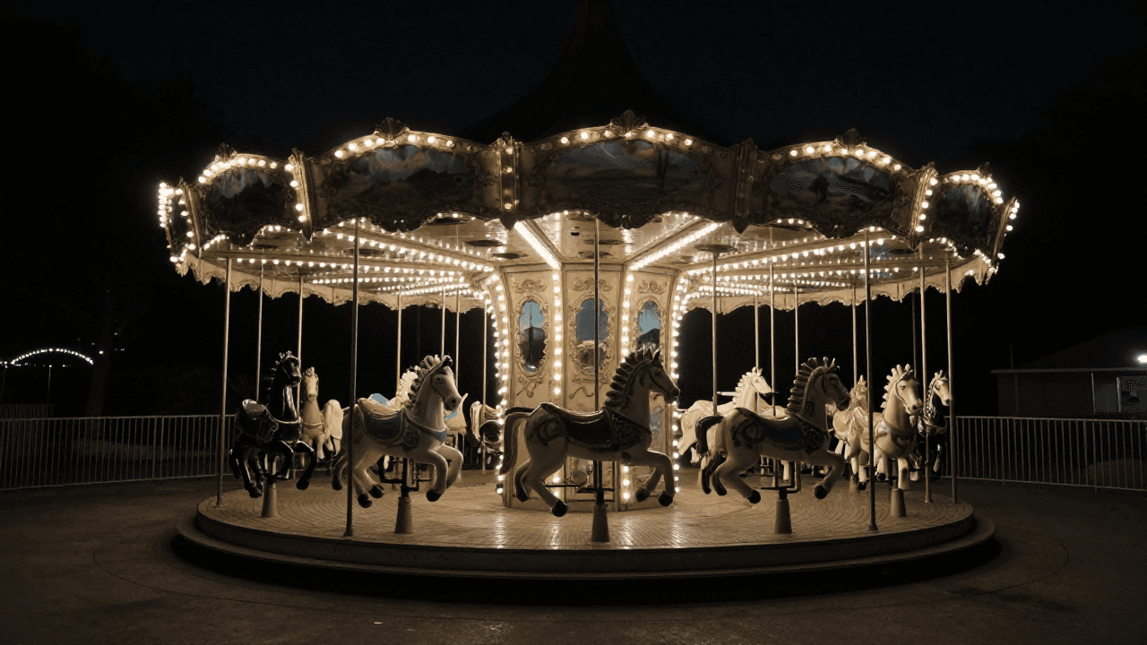 한밤중 텅 빈 놀이공원 회전목마, 몽환적이고 약간 쓸쓸한 분위기