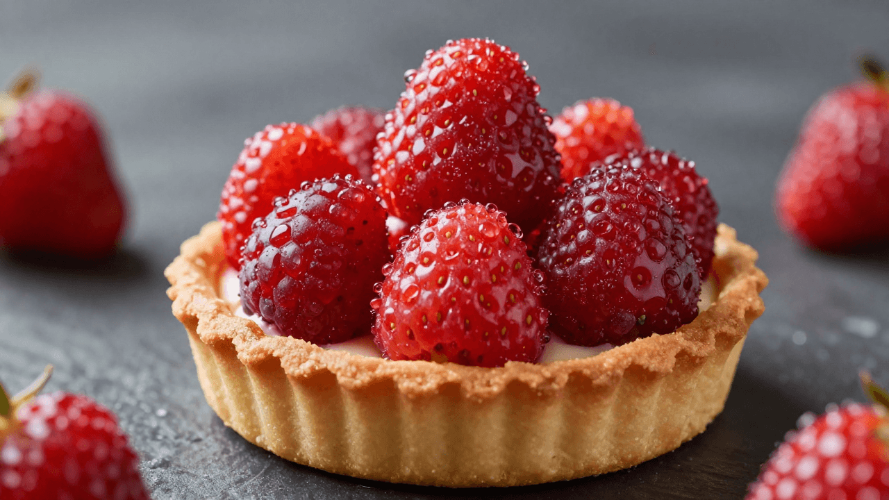 물방울이 맺힌 신선한 딸기 타르트 음식 사진