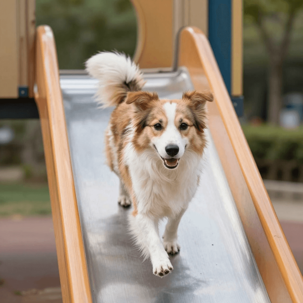 미끄럼틀 타는 강아지