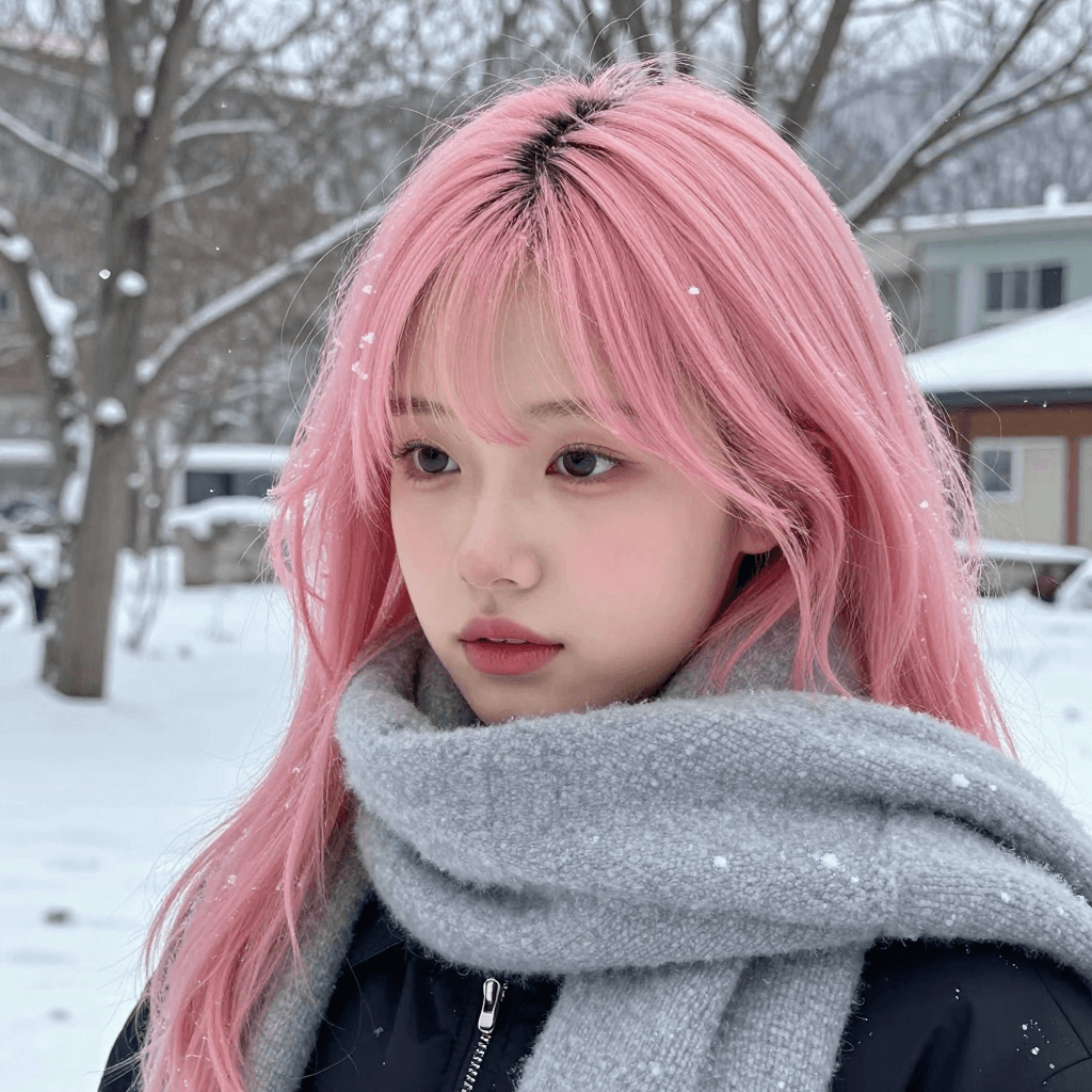 겨울에 눈을 맞는 핑크 머리 소녀
