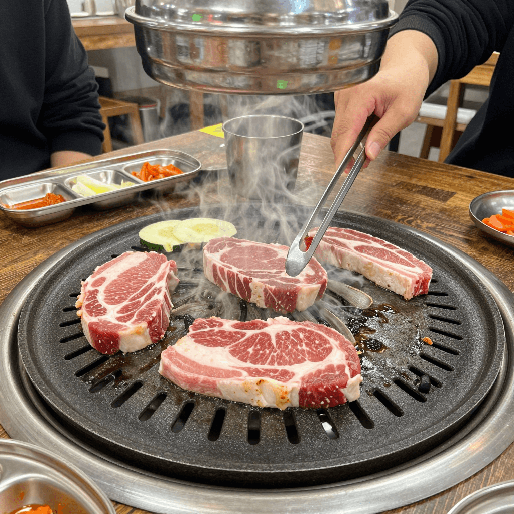 불판에 삼겹살 구워먹는 사람들