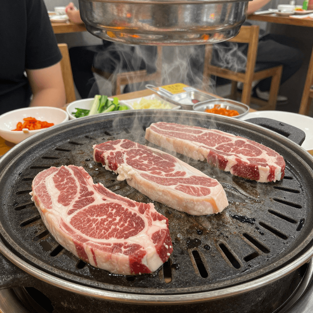 불판에 삼겹살 구워먹는 사람들