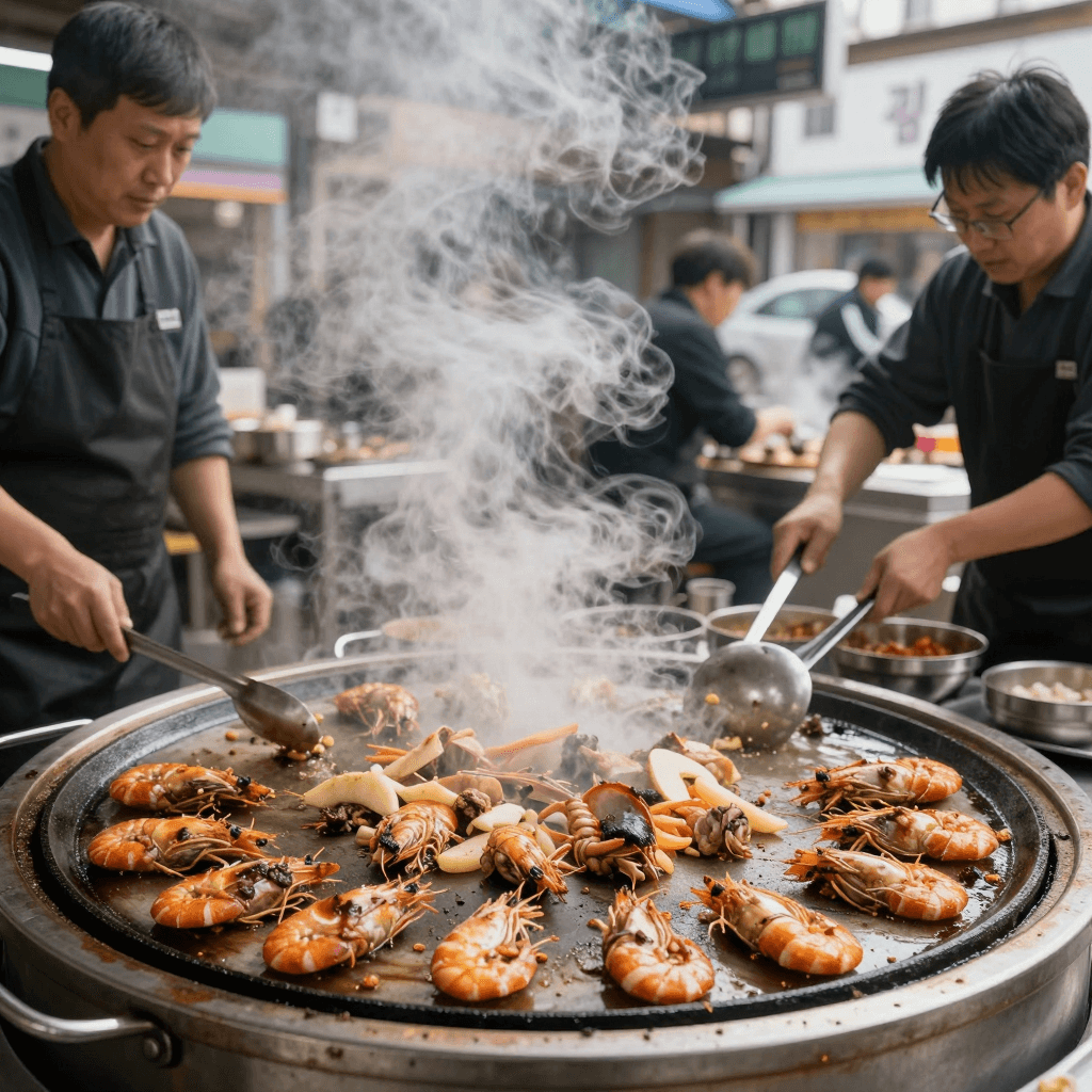 불판에 회 구워먹는 사람들