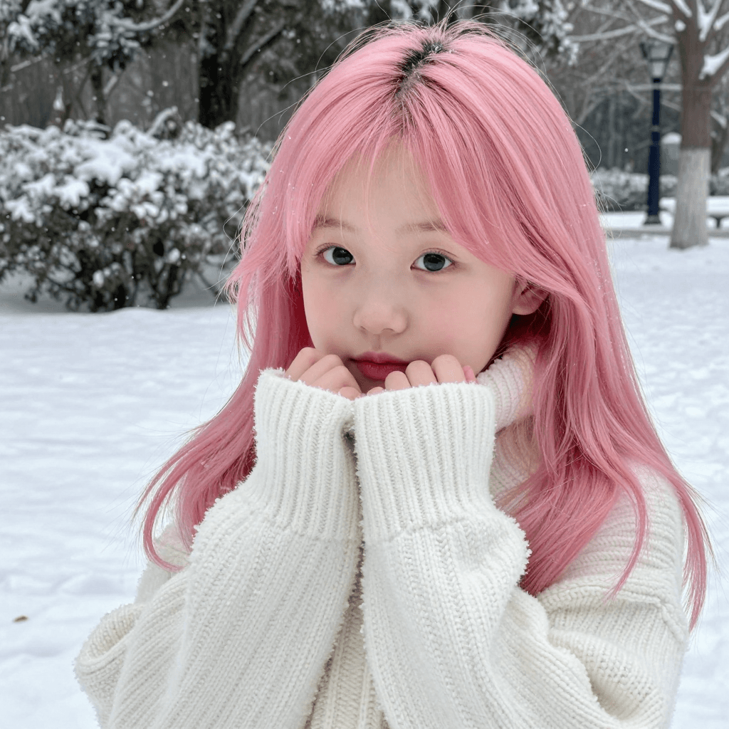 눈이 내리는 공원에서 흰색 겨울 스웨터를 입은 핑크 긴머리 귀여운 소녀