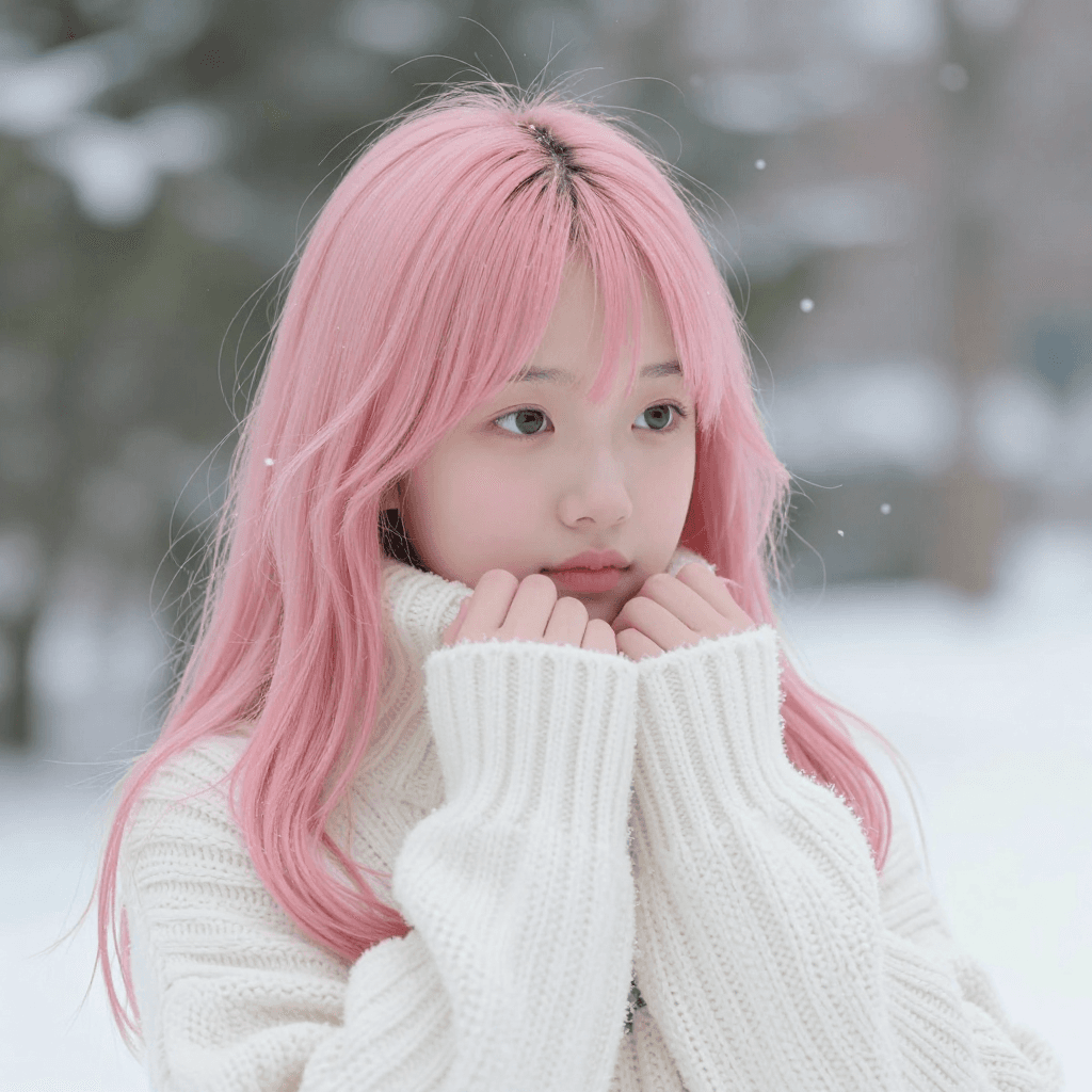 눈이 내리는 공원에서 흰색 겨울 스웨터를 입은 핑크 긴머리 소녀