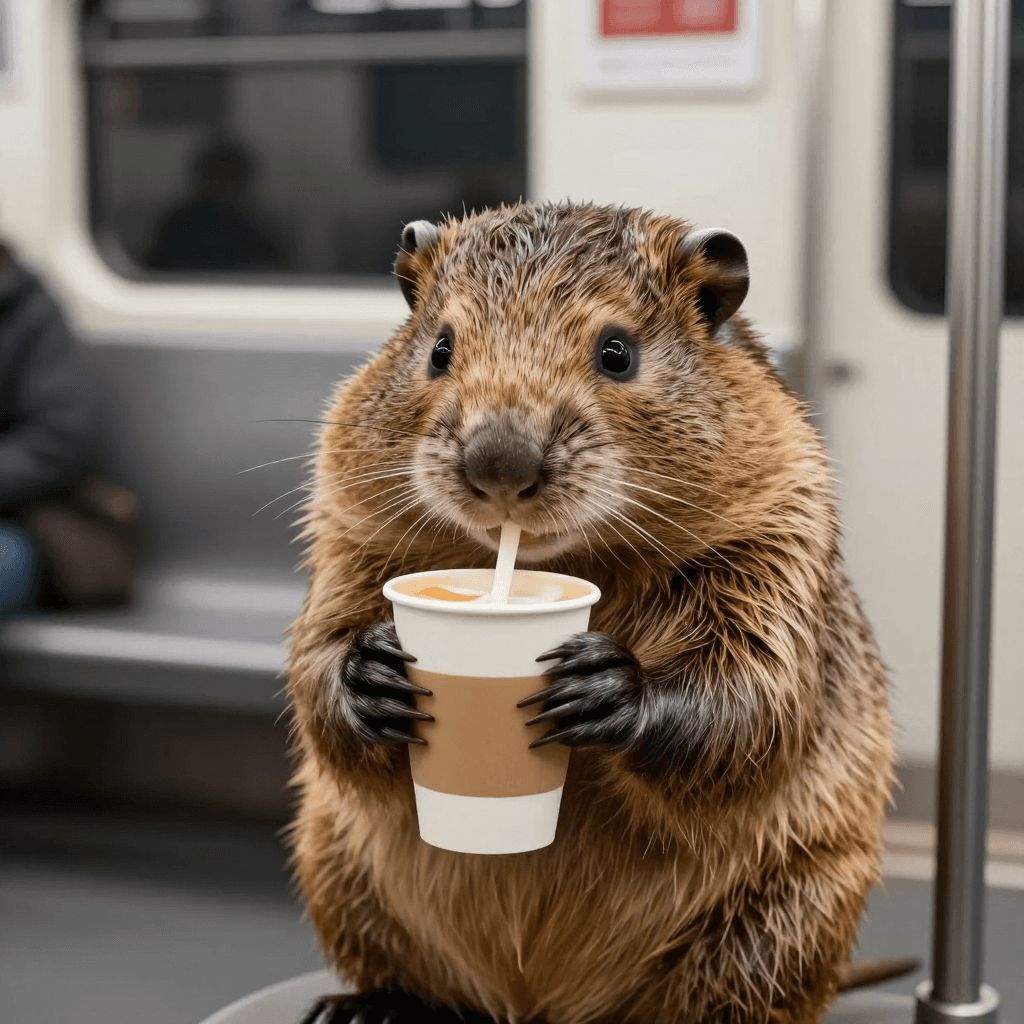 지하철에서 커피 먹는 햄스터