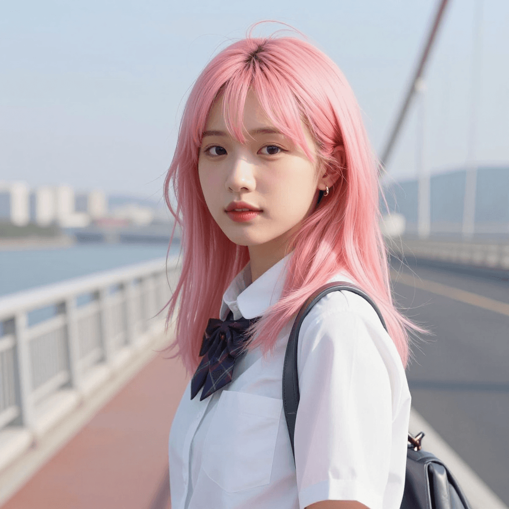 on the bridge 바람쐐는 pink hair girl