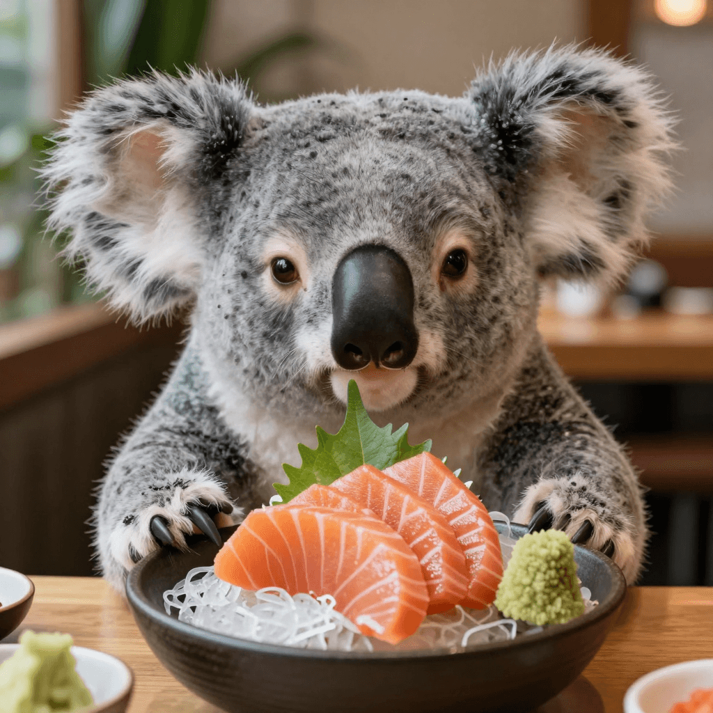 식당에서 연어 초밥 먹는 코알라