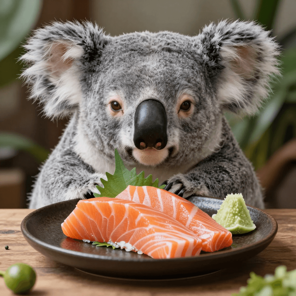 집에서 연어 초밥 먹는 코알라