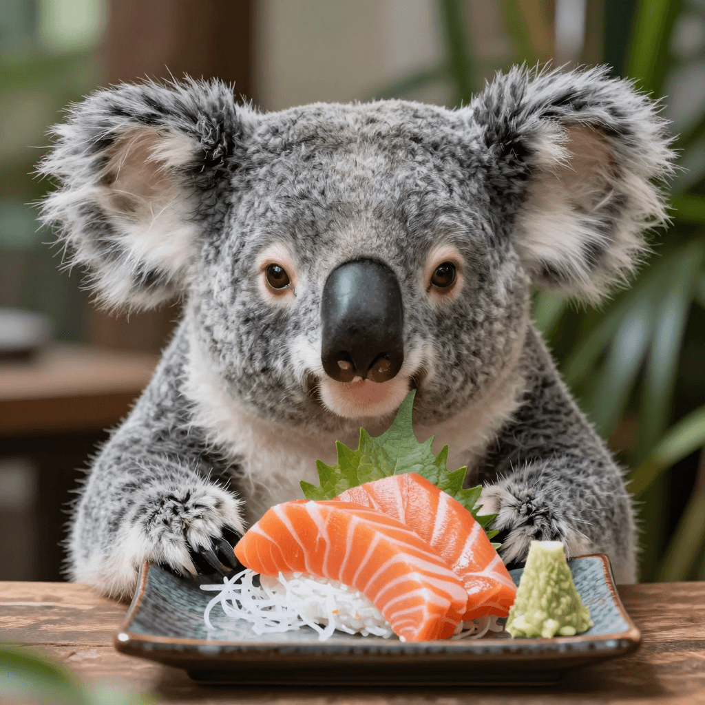 도시에서 연어 초밥 먹는 코알라