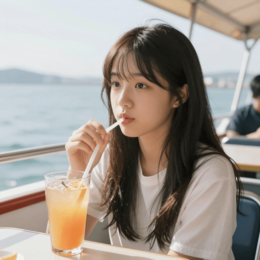 on the boat 주스를 마시는 소녀