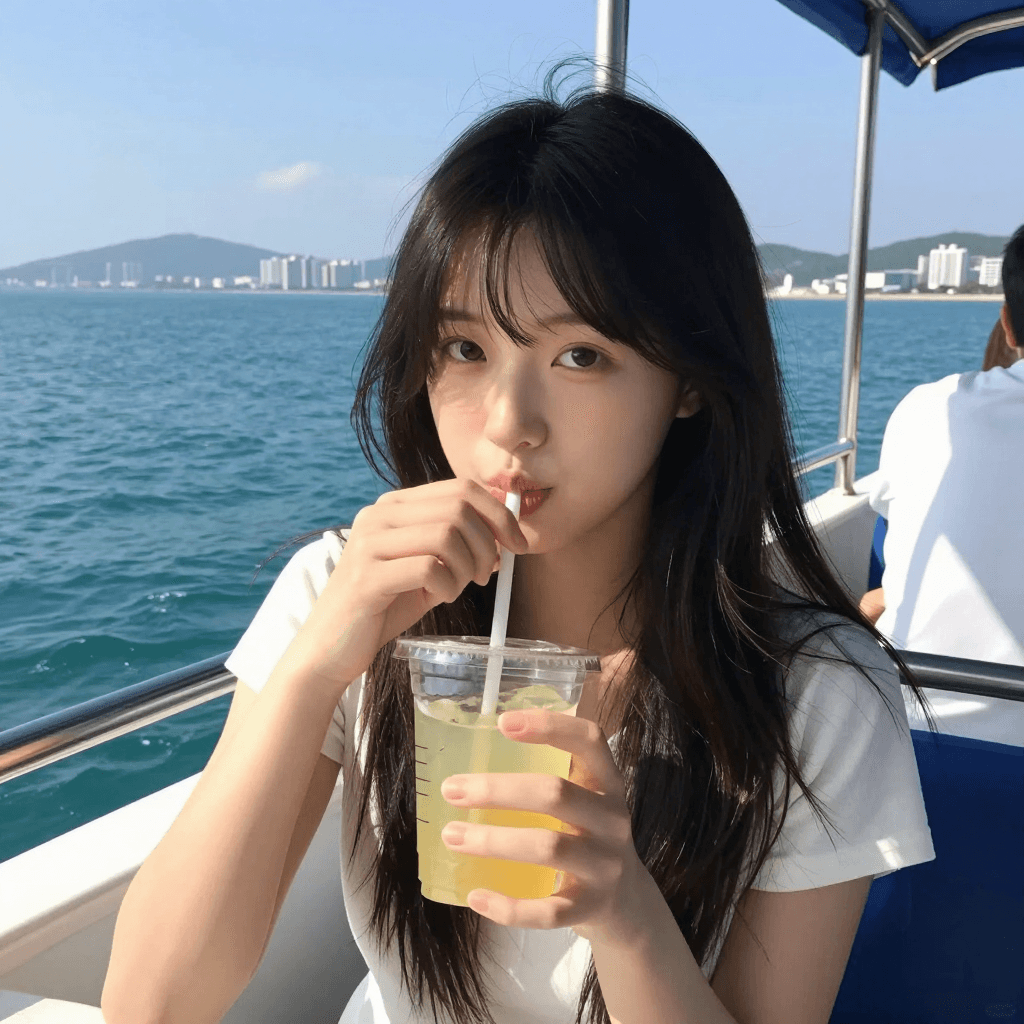 on the boat 주스를 마시는 소녀