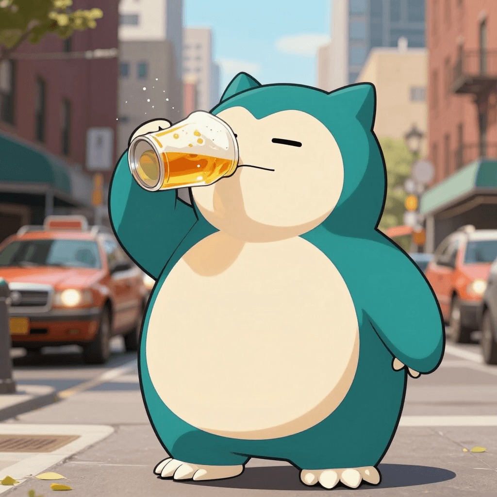 snorlax drinking beer at new york