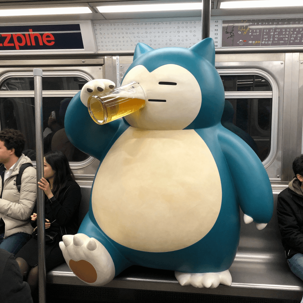 snorlax drinking beer at subway. and many people see snorlax