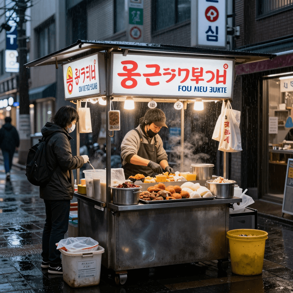비 오는 도쿄의 사이버펑크 길거리 음식 노점