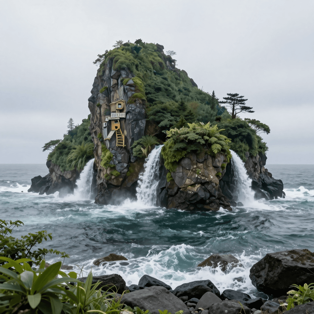 떠다니는 섬과 폭포가 있는 초현실적 풍경 (달리 스타일)