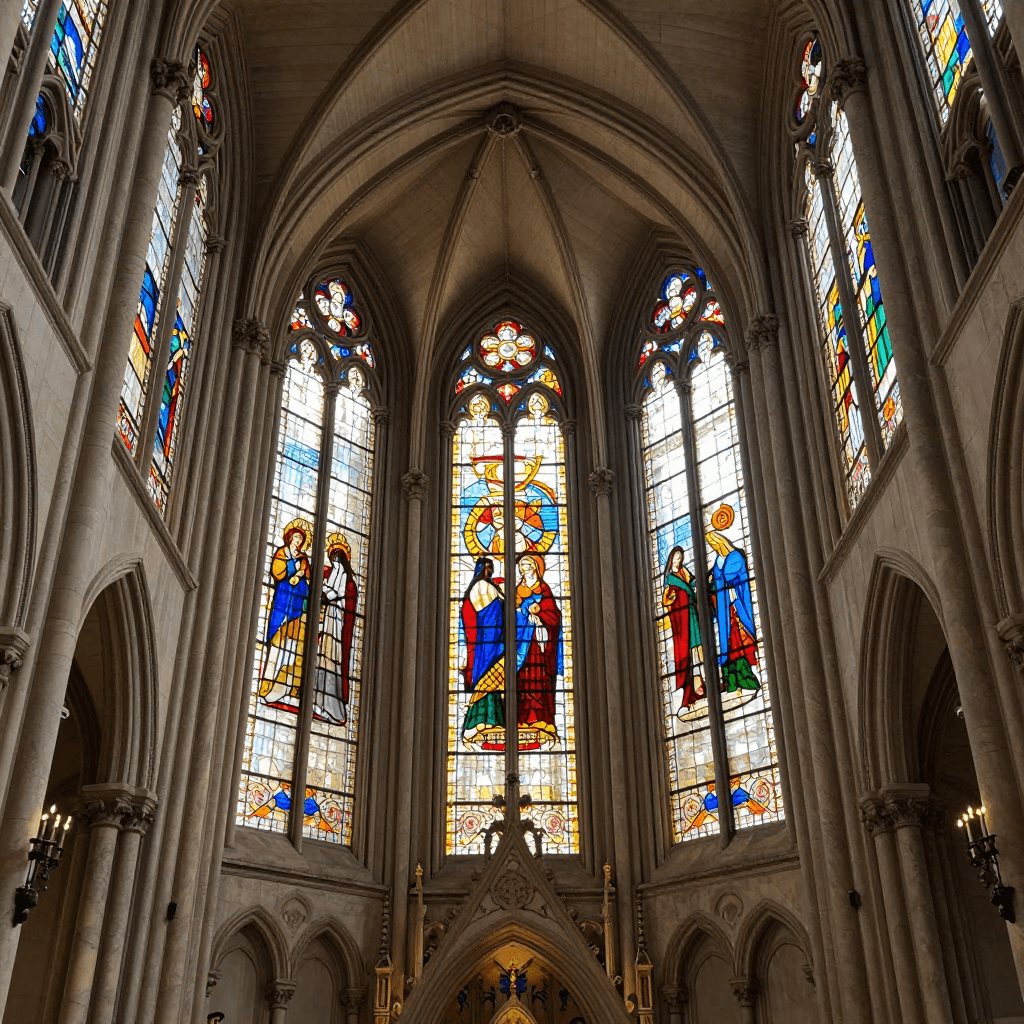 웅장한 스테인드글라스가 있는 고딕 양식 성당 내부