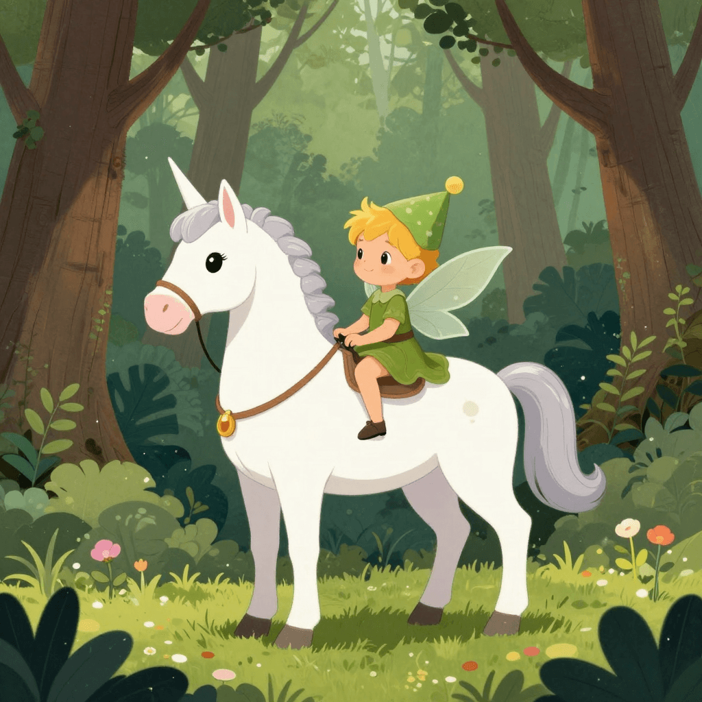 유니콘과 함께 숲속을 거니는 요정