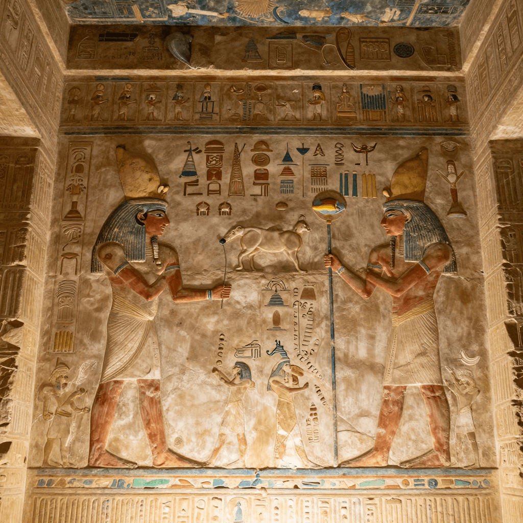 고대 이집트 신전의 내부와 벽화