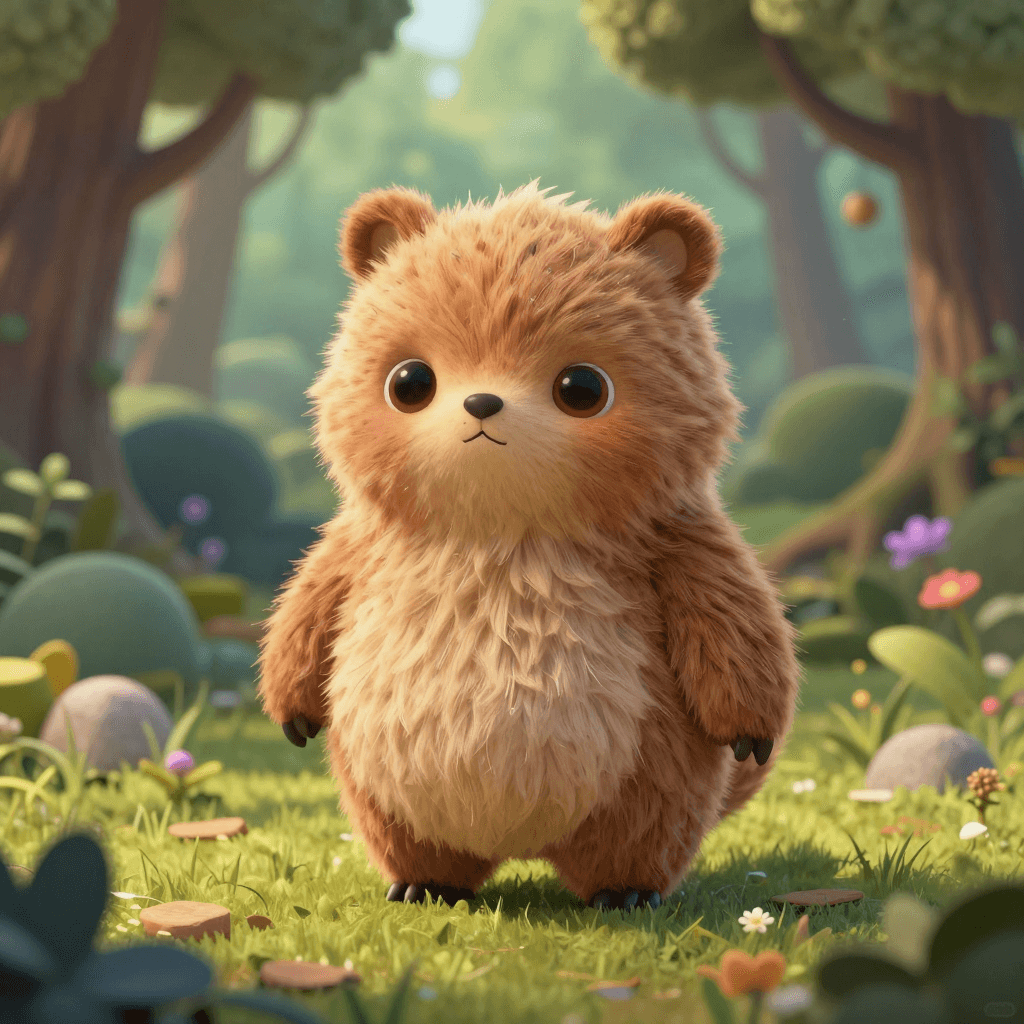 마법 숲속의 귀여운 털복숭이 몬스터 (픽사 스타일)