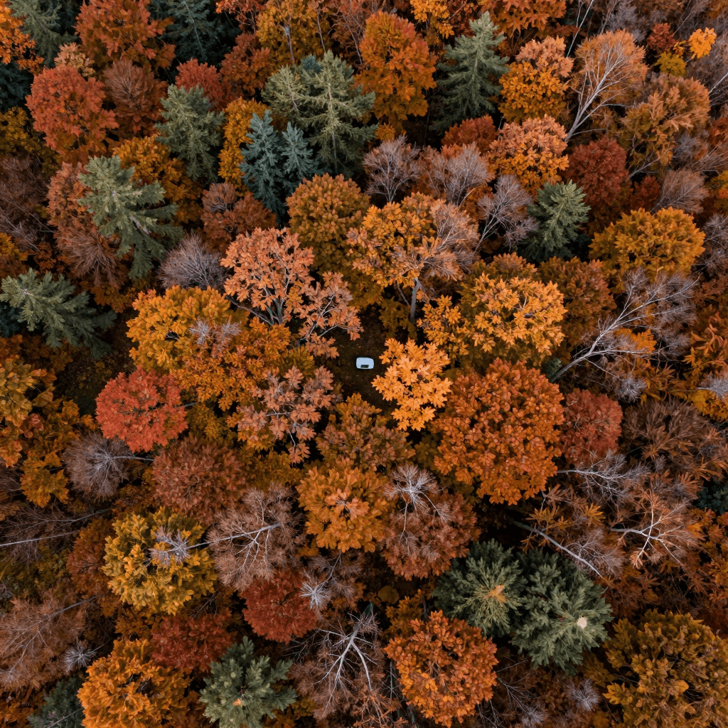 드론으로 촬영한 가을 단풍 숲의 항공 뷰