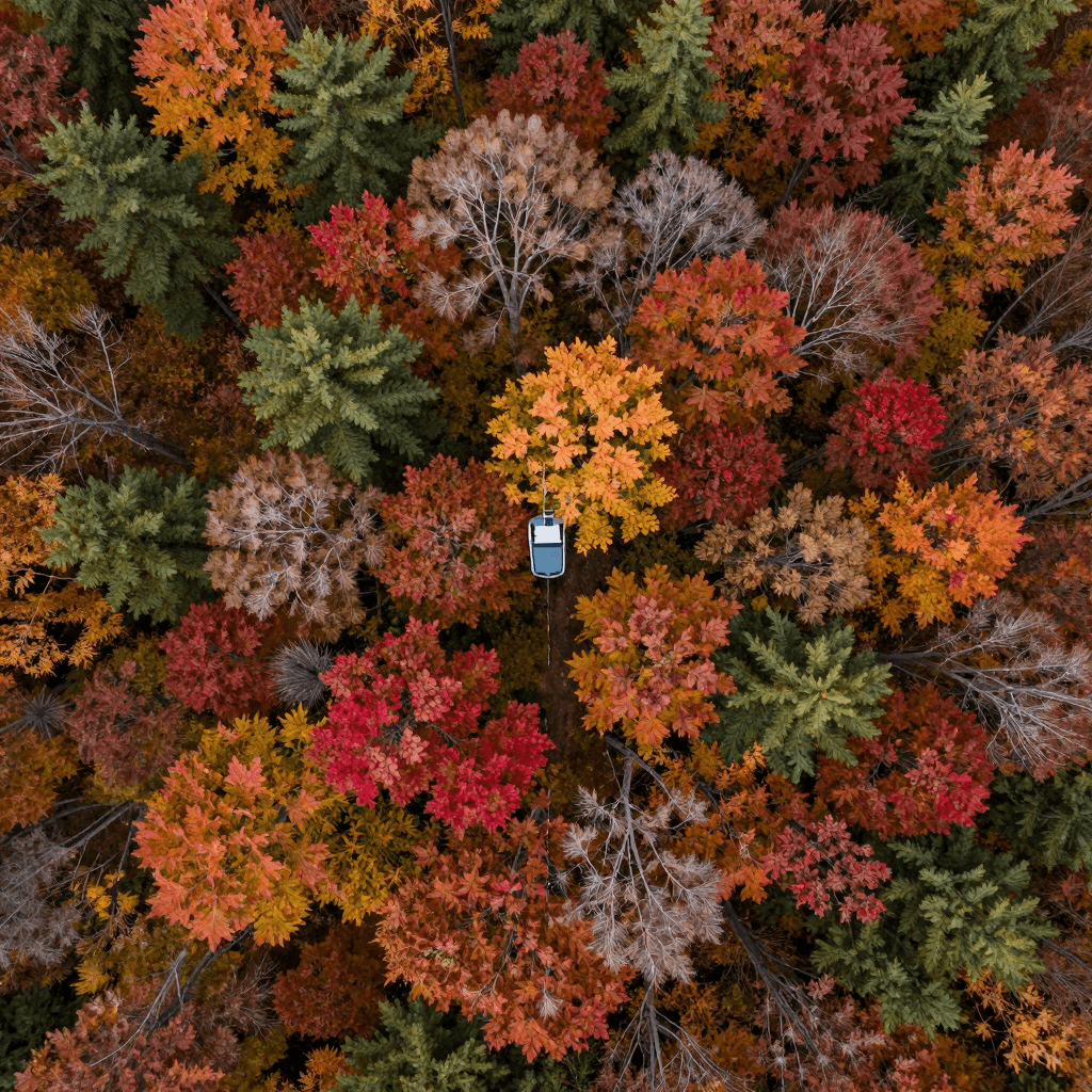 드론으로 촬영한 가을 단풍 숲의 항공 뷰