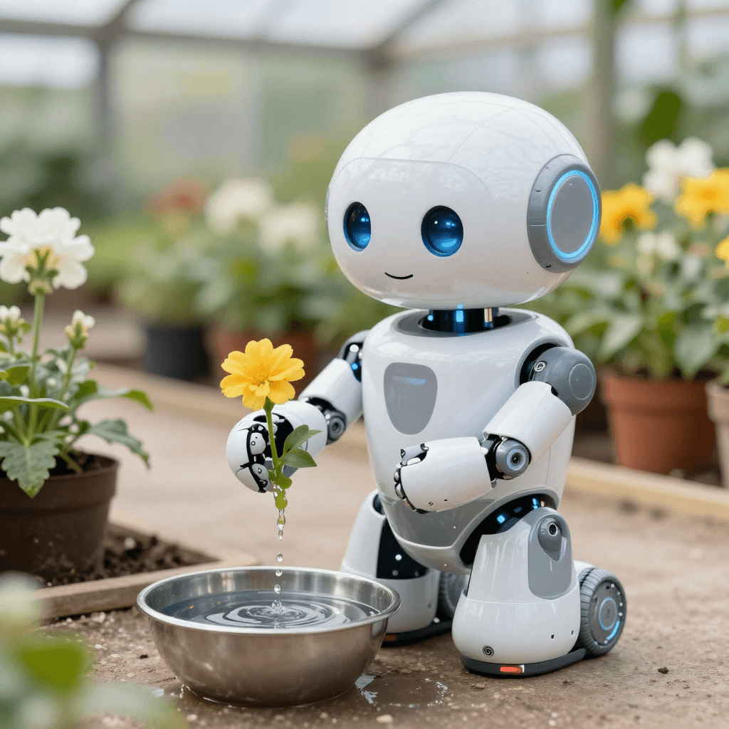 온실에서 화분에 물을 주는 귀여운 로봇