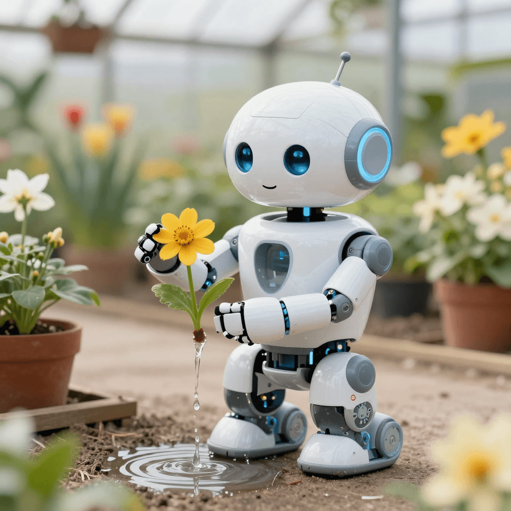 온실에서 화분에 물을 주는 귀여운 로봇