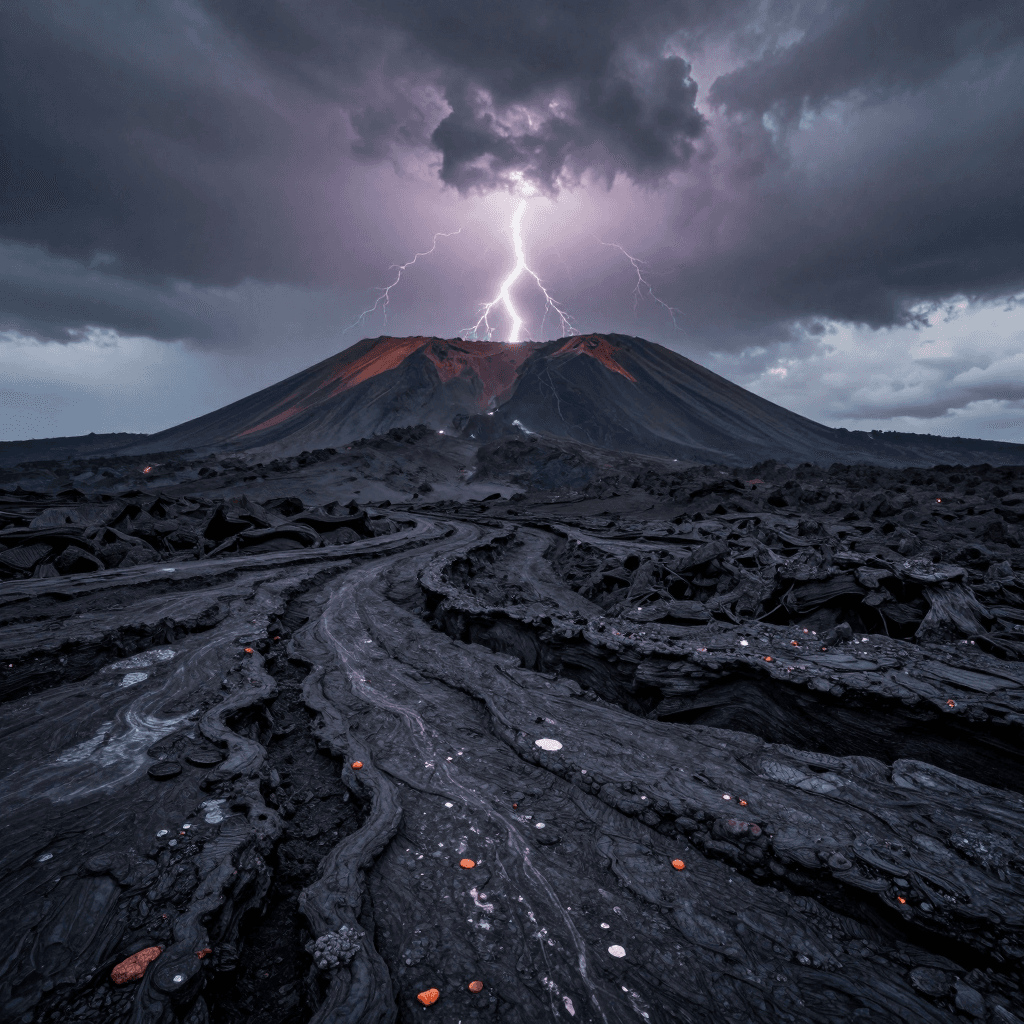용암이 흐르는 화산 지대와 번개