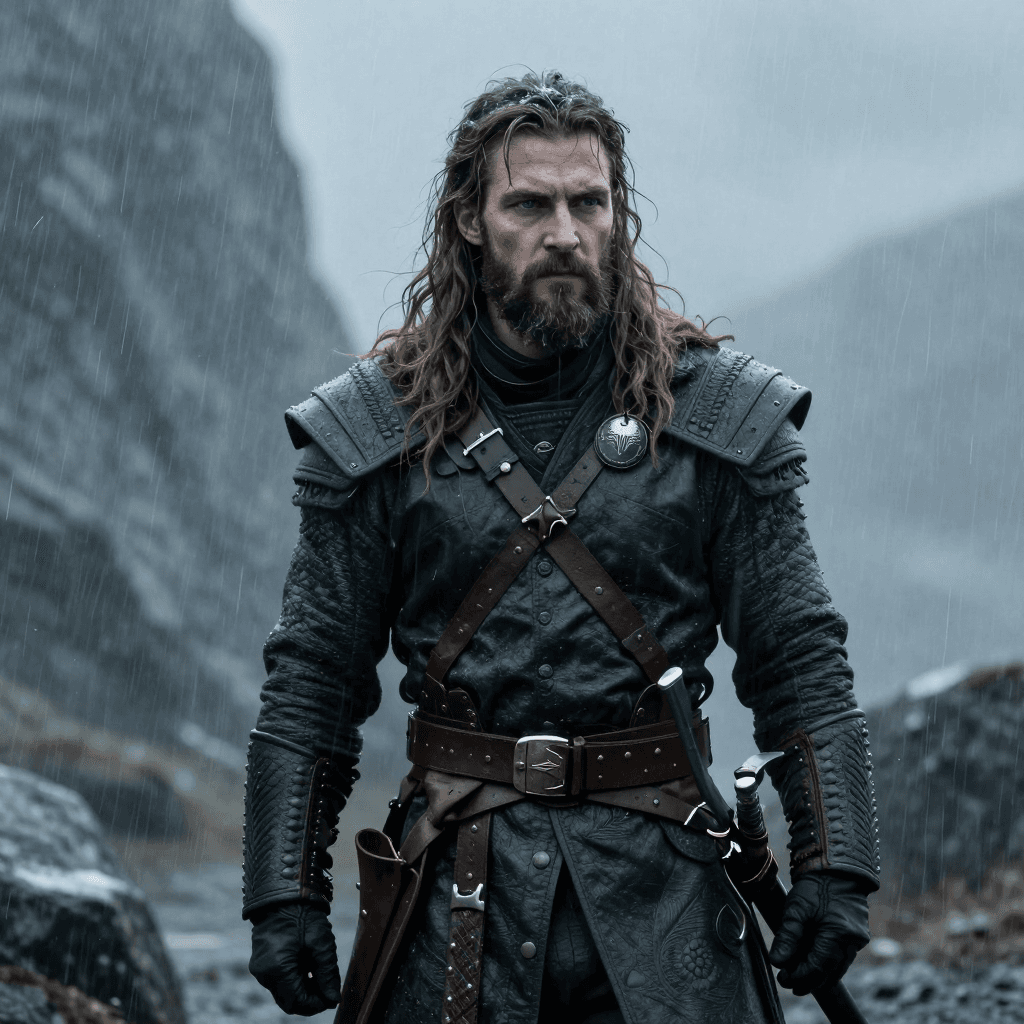 눈보라 속에 서 있는 바이킹 전사