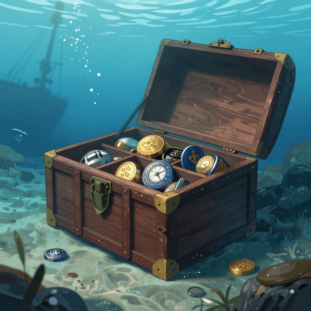 깊은 바닷속에 가라앉은 해적선과 보물 상자