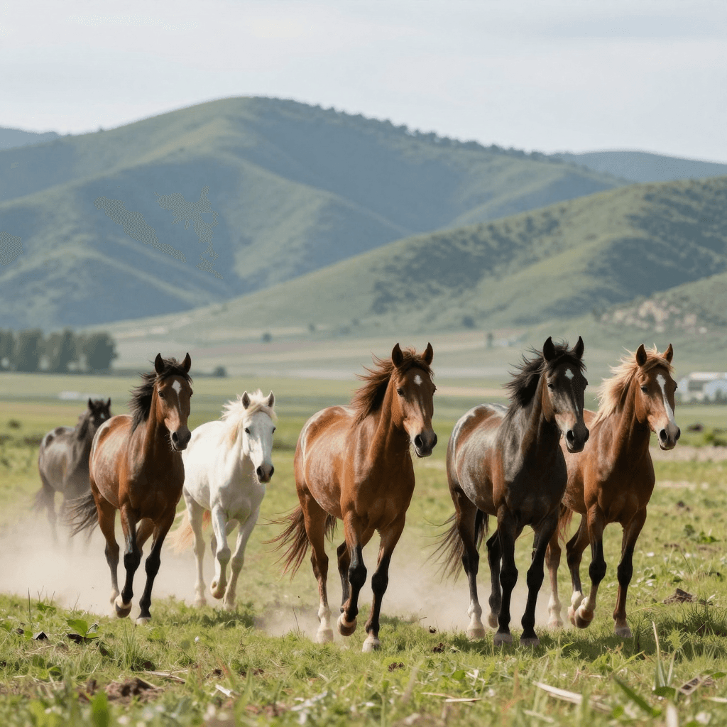 석양을 등지고 달리는 야생 말 무리