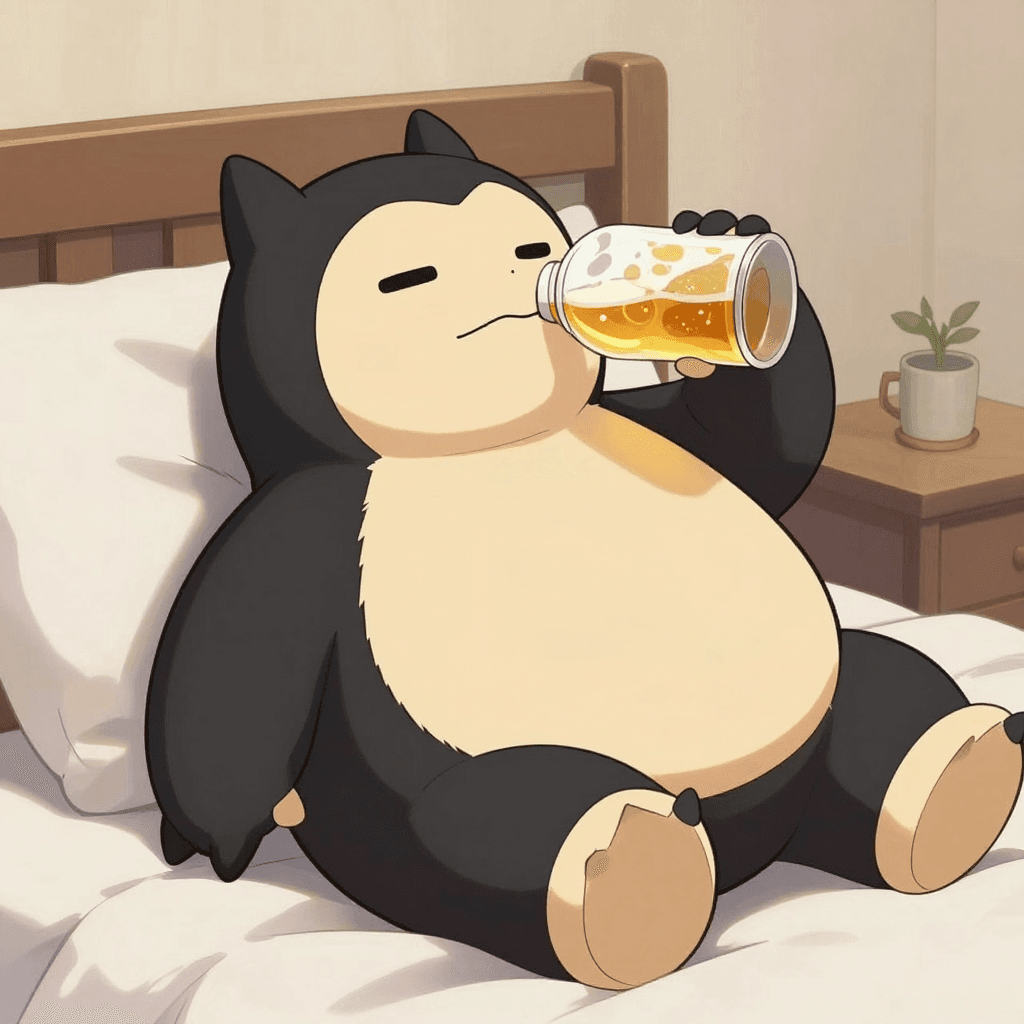 drinking beer snorlax on the bed realistic