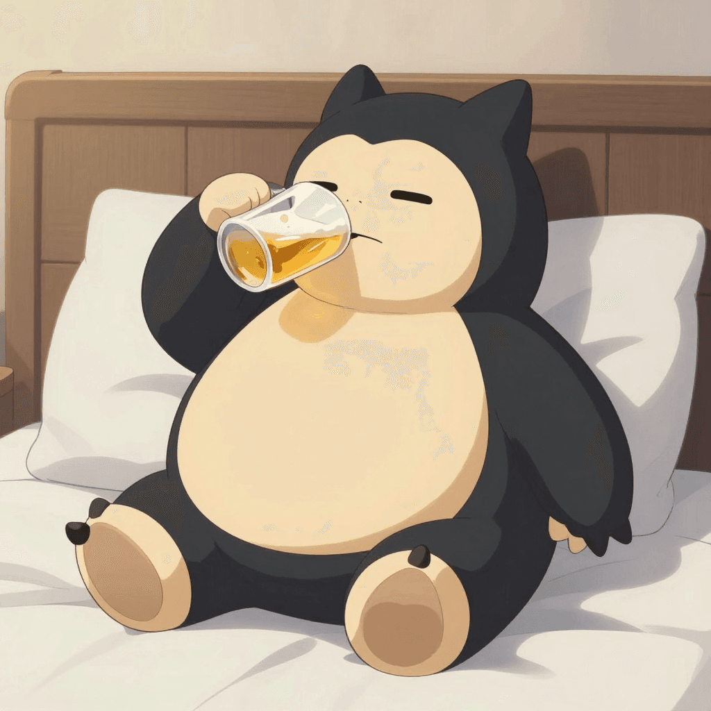 drinking beer snorlax on the bed realistic
