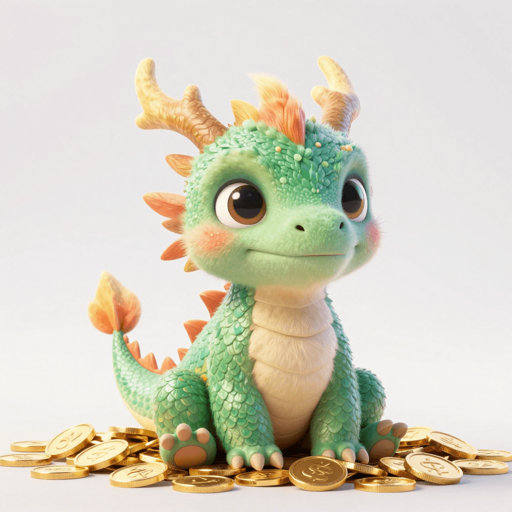 A cute, fluffy baby dragon sitting on a pile of gold coins, large expressive eyes, soft scales. Pixar style, Disney animation, 3D render, bright studio lighting, vibrant colors, high fidelity, 8k resolution, adorable and charming, substance painter.