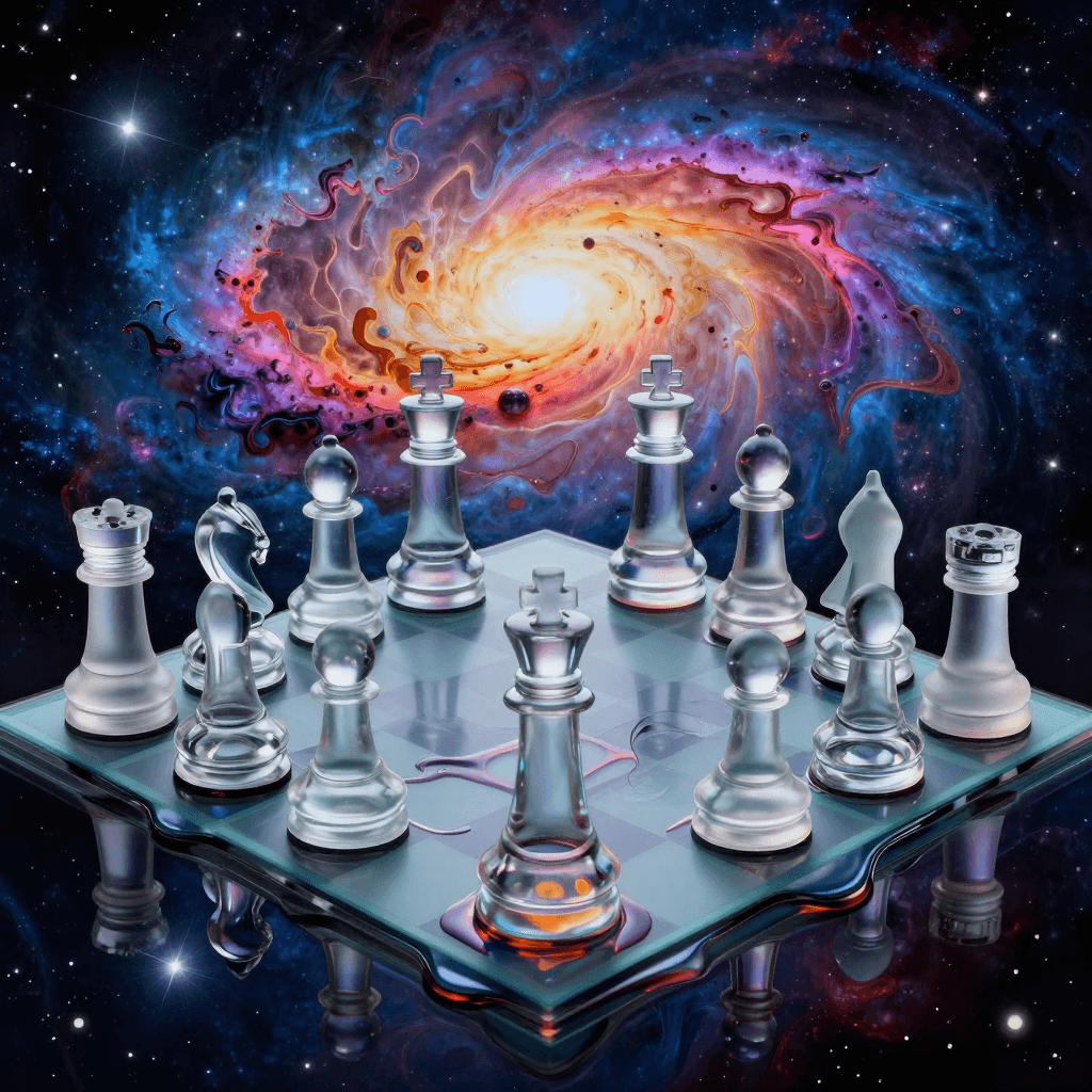 Surrealist composition of a glass chess set melting into a liquid galaxy. Vibrant cosmic colors, nebula background, Salvador Dali inspired, digital art, dreamlike quality, intricate patterns, fluid simulation, masterpiece, ethereal.