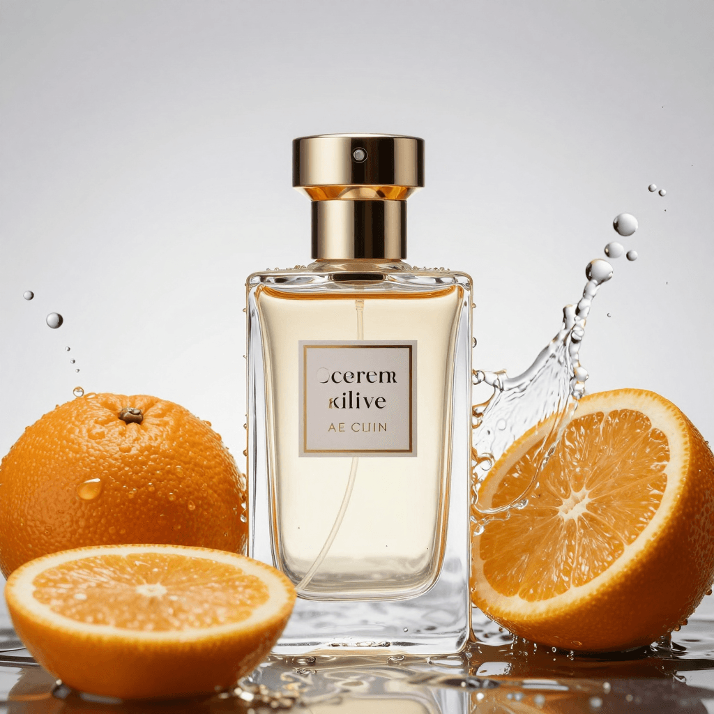 Commercial product photography of an elegant perfume bottle surrounded by fresh citrus fruits and splashing water. High-speed photography, studio lighting, crisp details, advertising quality, professional color grading, elegant and fresh, 8k.
