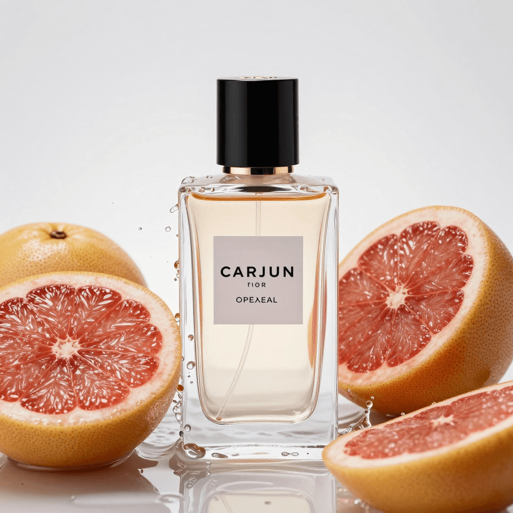 Commercial product photography of an elegant perfume bottle surrounded by fresh grape fruits and splashing water. High-speed photography, studio lighting, crisp details, advertising quality, professional color grading, elegant and fresh, 8k.