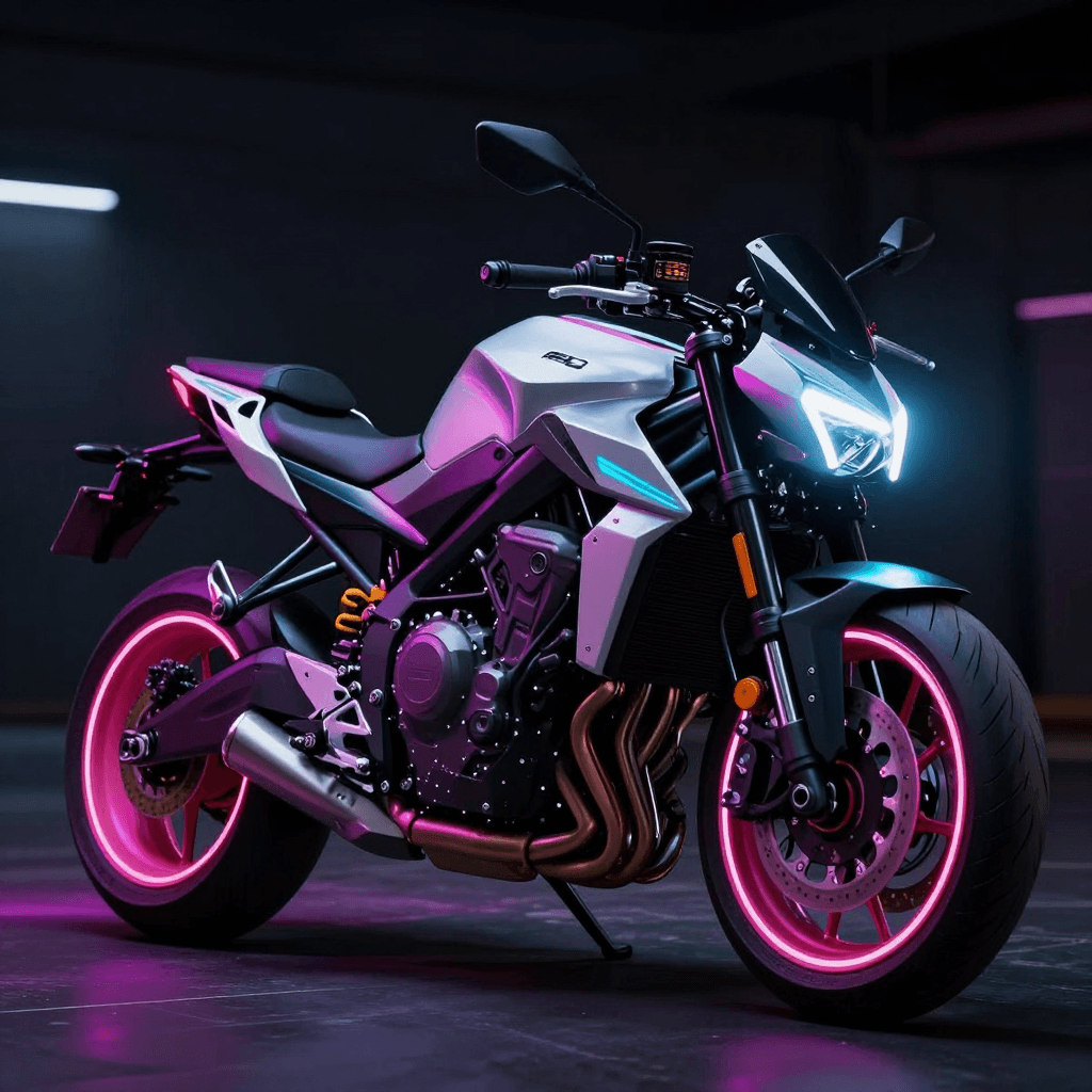 형광색 네온으로 빛나는 사이버펑크 오토바이