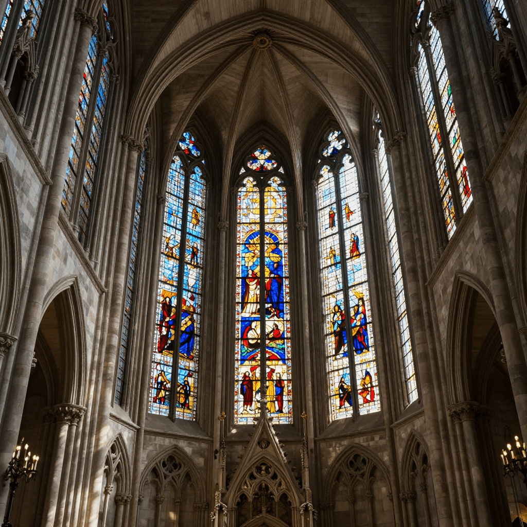 웅장한 스테인드글라스가 있는 고딕 양식 성당 내부