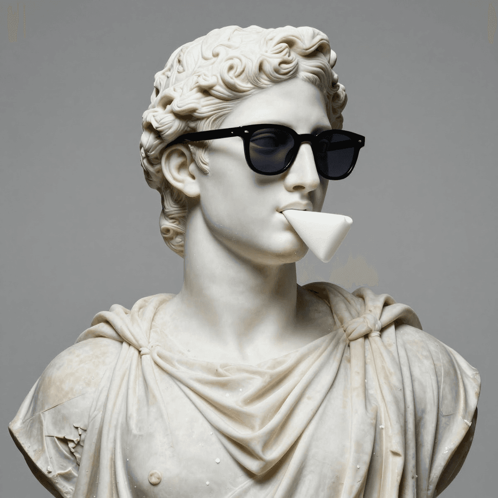 선글라스를 끼고 껌을 씹는 그리스 조각상 (베이퍼웨이브)