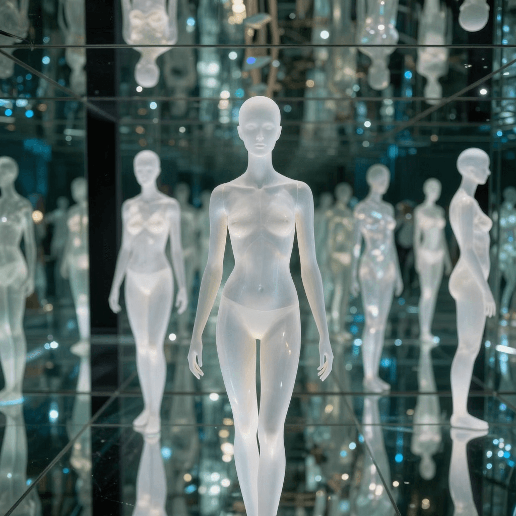 거울 미로 속에 갇힌 듯한 무한 반사 이미지