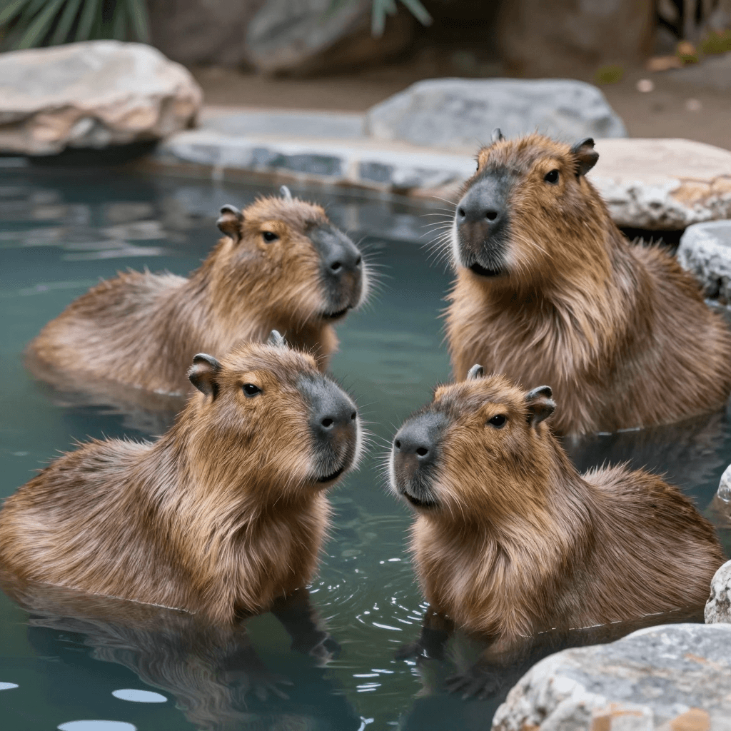 따뜻한 온천을 즐기고 있는 카피바라 가족