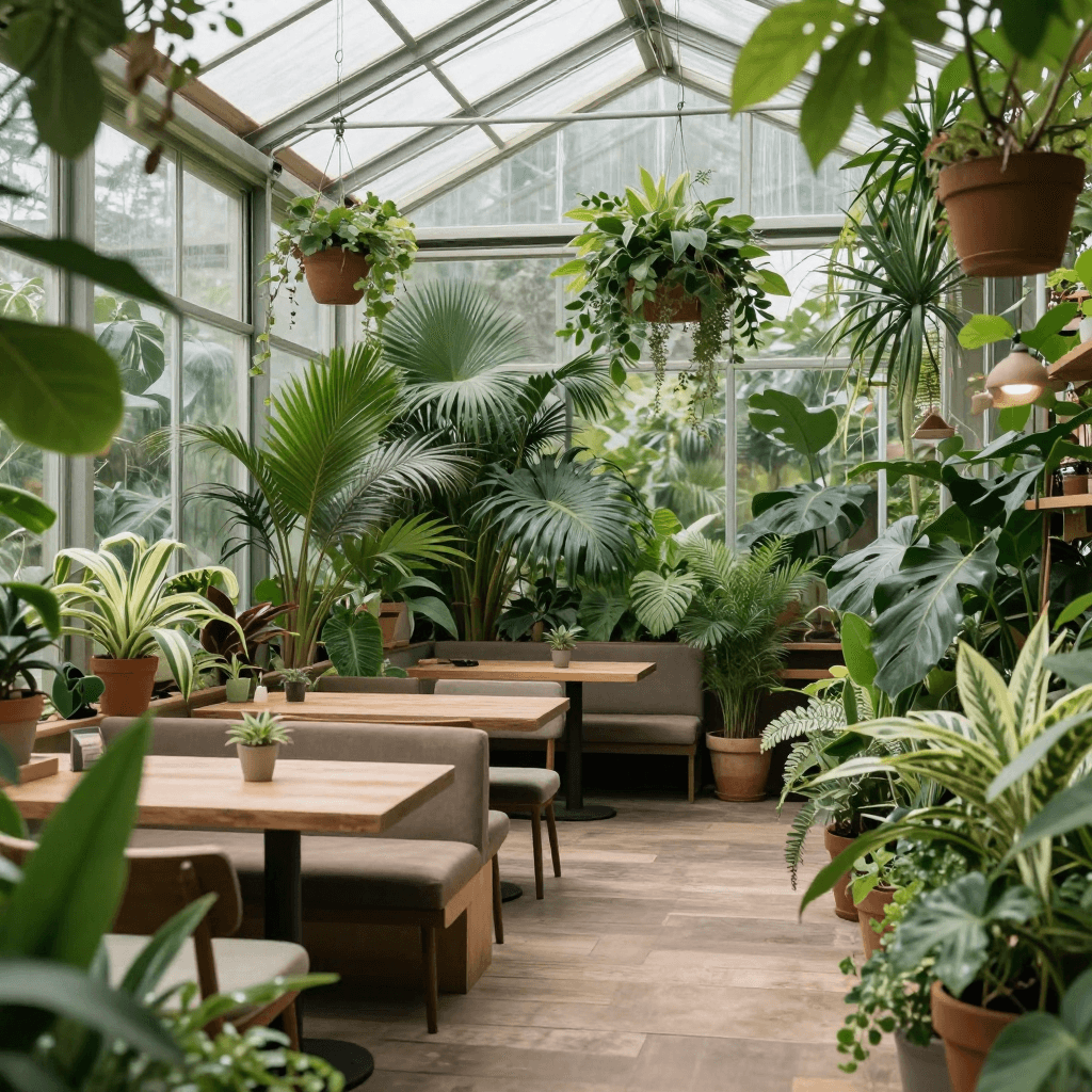 식물로 가득 찬 유리 온실 카페